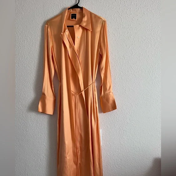 Massimo Dutti Studio Satin Orange Maxi Dress Tie Belt Neck M/L Limited Edition - Picture 4 of 17